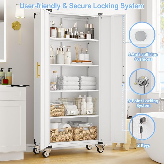 pozdeg 71" Tall Metal Rolling Garage Storage Cabinet with Lock & Wheels ﻿