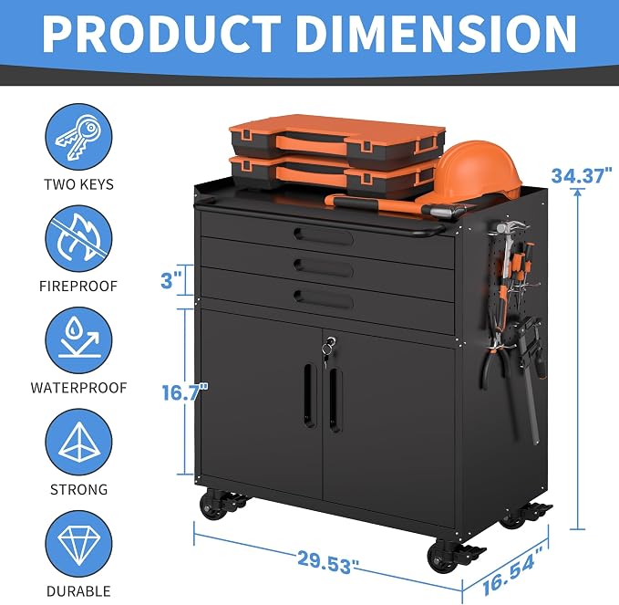 Metal Storage Cabinet for Garage, Tool Cabinet, Utility Cabinet | Wheeled, Rolling Tool Cabinet, 3 Drawers, 2 Doors Lockable, Top Countertop, Pegboard, Assembly Required, Black