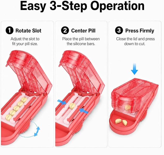ONE PIX Pill Cutter Splitter for Small and Tiny Pills, Multiple Pill Splitter with Centering Device & Hidden Blade, Adjustable Tablet Cutter for Large Pills, Seniors, Pets, Red