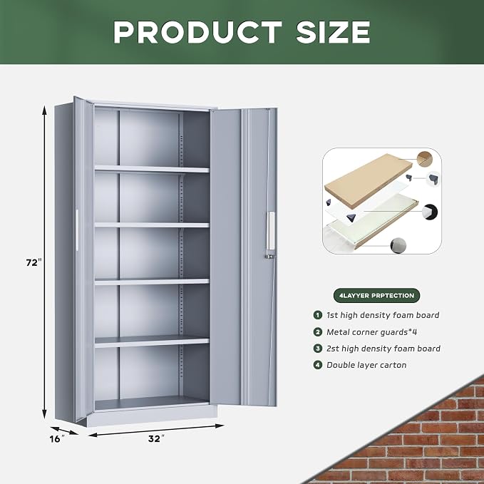 Greenvelly Metal Storage Cabinet,72" Locking Metal Garage Storage Cabinet with Doors and 4 Adjustable Shelves, Lockable Steel Cabinet for Home Office, Garage, Shop, School (Dark Grey 32" W x 16" D)