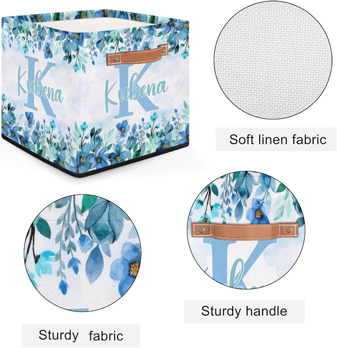 Personalized Name-Initial Blue Flower Storage Baskets for Girls Women, Custom Portable Square Storage Bins with Handles Foldable Organizer for Clothes, Toys, Blanket, Towel,Pet 13”