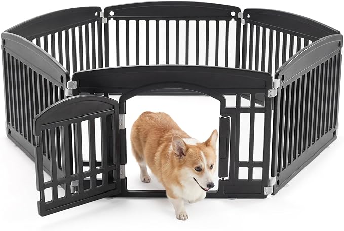NEWBULIG 6 Panels 24 Inch Dog Playpen, Plastic Pet Play Pen Fence | Portable, Secure Locking Door, Indoor Outdoor Yard RV Camping, Small Medium Dogs, Black