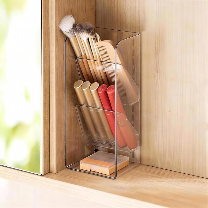 PAVSTINE Medicine Cabinet Organizer with Adjustable Dividers, Clear Open Storage Compartment, Space-Saving Makeup Brush Holder for Bathroom, Wall Cabinet, Vanity Countertop (2-Tier Full Slant)