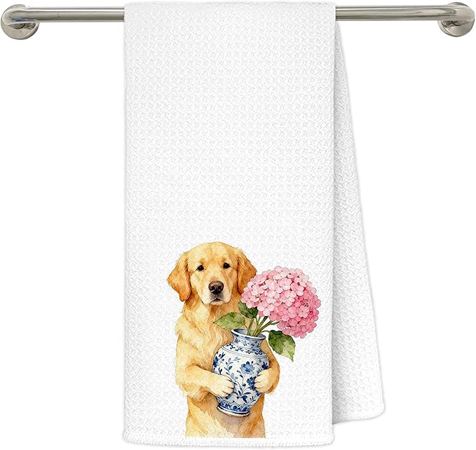 Chinoiserie Pink Hydrangea Golden Retriever Kitchen Towels 16x24 in, Golden Retriever Lover Gifts, Grandmillennial Pink Floral Dog Decorative Hand Tea Dish Towels for Bathroom Kitchen