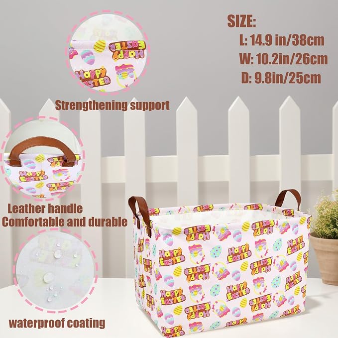 Large Empty Easter Basket for Kid Baby Rectangular Cute Easter Gift Bunny Eggs Décor Storage Basket (Pink Happy Egg)