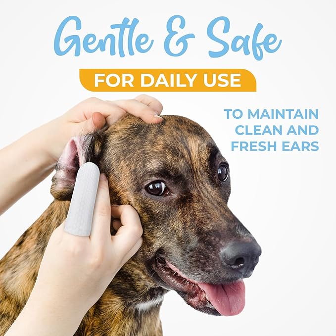 Dog Ear Cleaner Wipes - Finger Ear Wipes for Dogs & Cats with Otic Cleaning Solution, Sooths and Deodorizes. Pet Ear Relief - 50 Count, White