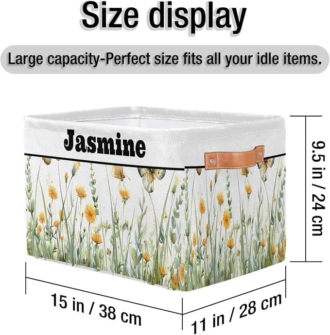 Personalized Foldable Spring Floral Storage Basket with Name for Boys, Laundry Hamper Dirty Clothes Pet Toys Storage Bin with Handles for Shelf Home Closet, Spring Wild Floral Butterfly Watercolor