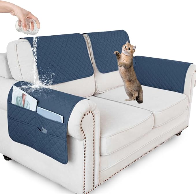 Large Polyester Armrest and Headrest Covers with 2 Pockets | Soft, smooth polyester resists daily wear nonslip silicone backing helps shield recliners and sofas from pet scratches