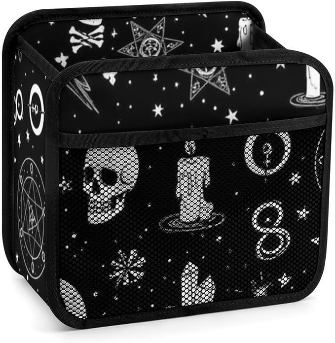Car Seat Back Organizer Hanging Storage Pouch with Pockets, Gothic Trippy | Moon Skull Dark Black Cat Witch Magic Spirit Board, PU Leather Vehicle Backseat Accessories Space Saving, Universal Fit