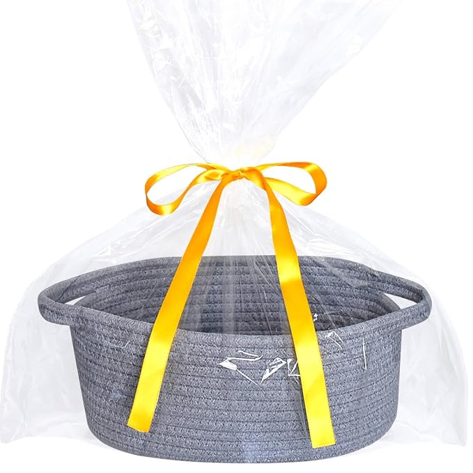 ABenkle Small Basket Empty Gift Basket, Decorative Boho Rope Woven Nursery Storage Organizer Dog Toy Baskets for Baby Showers Christmas Easter with Gift Bags and Ribbons, 12"X 8" X 5"