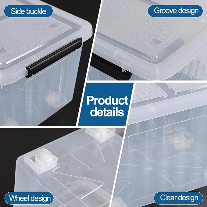30 Quart Stackable Clear Plastic Storage Container Bin, 4 Packs | Latching Totes with Lids and Wheels for Organization