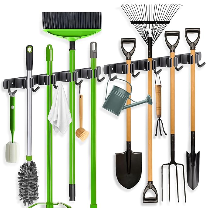 ZONGOOL 2 Pack Mop Broom Holder Wall Mount 4 Racks 5 Hooks Storage Black | 304 Rustproof Stainless Steel Broom Hanger, Non-Slip Wall Mount Organizer, Space Saving For Kitchen, Laundry, Garden