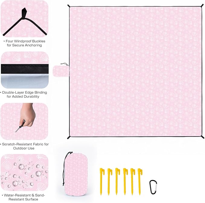 OIGAE Beach Blanket Waterproof Sandproof Oversized Beach Mat | Picnic Mat with Stakes, Storage Bag - Essentials for Outdoor Beach, Picnic,Quick-Dry Lightweight,Windproof Pockets