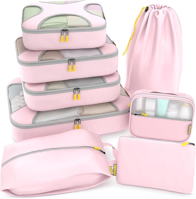 Shacke 8 Set Packing Cubes for Travel, Shoe & Toiletry Bags (Petal Pink) | Complete Suitcase Organizer Bags Set: 4 Luggage Packing Cubes + Laundry, Shoe, Toiletry & Accessories Bags for Any Trip