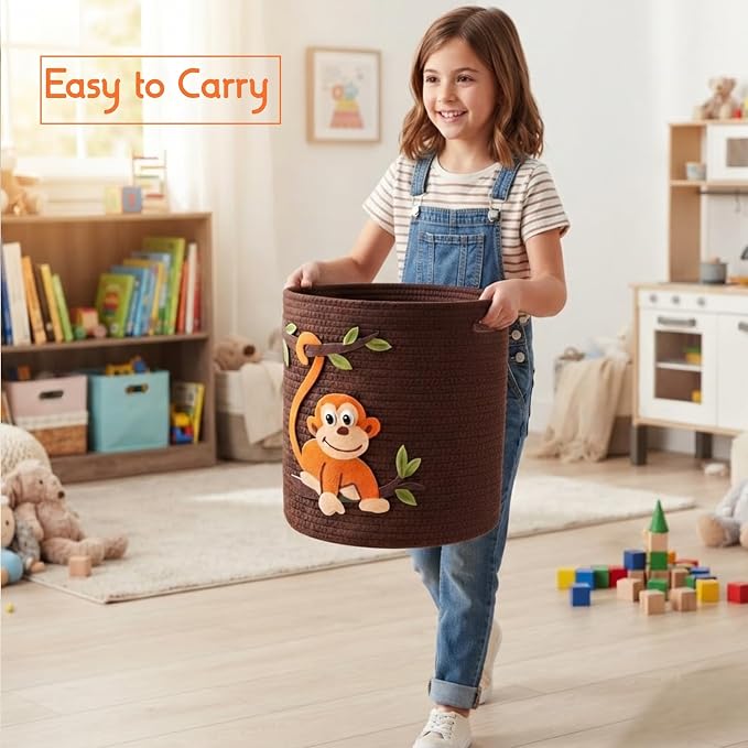 Animal Basket for Nursery Storage, Woven Cotton Rope Bin with Monkey Design, Cutout Handles, Baby-Safe Kids Toy Organizer for Stuffed Animals, Laundry Hamper, Foldable & Washable (Monkey)