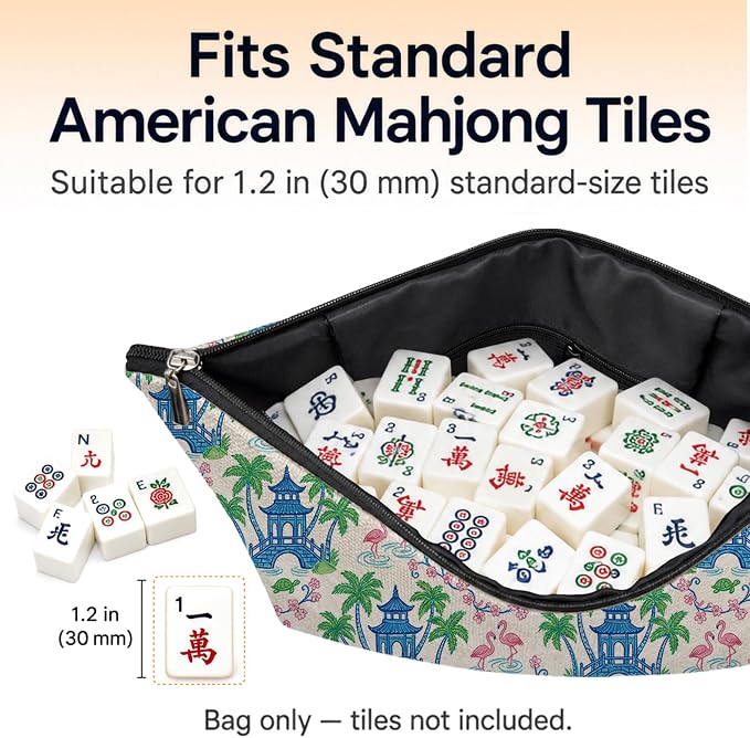 Chinoiserie Coastal Flamingo Empty Mahjong Tile Bag 13x7.8 Inch | Preppy Beach Printed Portable Travel Case Organizer Zipper Pouch for American Mahjong Tiles Game Night Accessories and Gifts