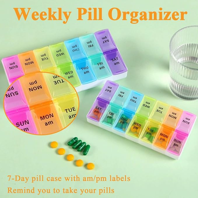 Travel Daily Large Pill Organizer, Weekly Portable Pill Dispenser | Daily Pill Case Box Holder, Elder Medication Planner for Vitamin, Medicine, Fish Oil, Supplements, 14 Compartment, Colorful