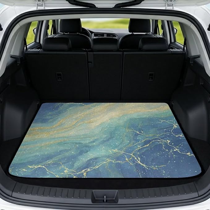 Howilath Blue Gold Marble Trunk Liner for Car SUV All Weather Non-Slip Rear Trunk Mat Durable Polyester Carpet for Daily & Outdoor Use