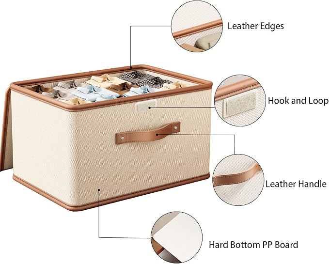 Tuza 4 Pack Storage Bins with Lids, Collapsible Closet Organizer Container, Fabric Organizer Box with Handles, Decorative Storage Boxes with Lids for Organizing Clothes, Books, File, White, Large