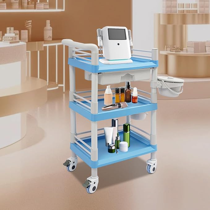 Mobile Salon Storage Cart with Wheel and Drawer, Portable 3-Tier Professional Trolleys, 176 Lbs Load Utility Tool, for Barber Stores, Spas, Homes, Beauty Store, Pet Shops (Blue)