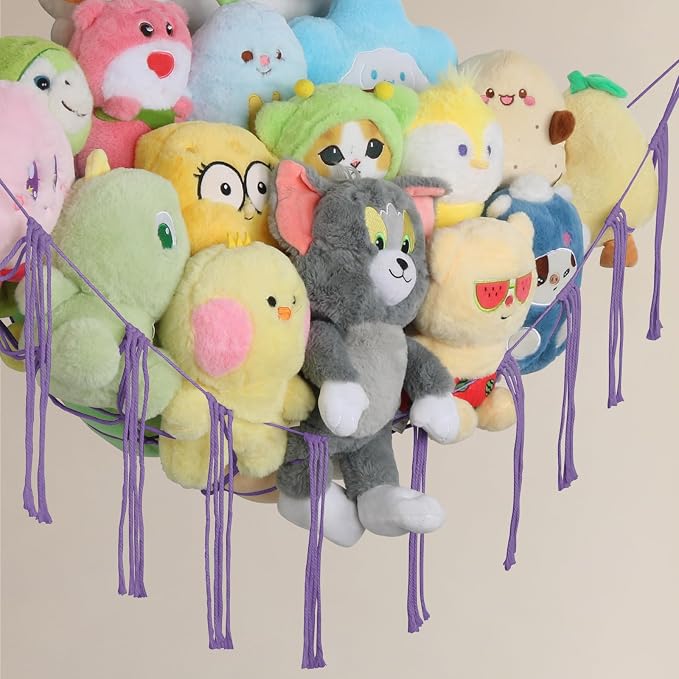 Stuffed Animal Hammock Corner,55 Inch Large No Drilling Plushie Net,Purple | Handcrafted Natural 100% Cotton Stuffy Hammock,Boho Macrame Toy Net,Stuffed Animals Storage Plush Holder ,Nursery Room Decor