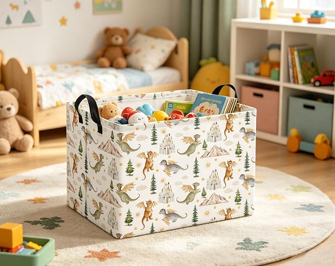 Rectangular Kids Basket Baby Girl Basket Fabric Storage Bin Organizer Box Room Decor(Castle Dinosaur)