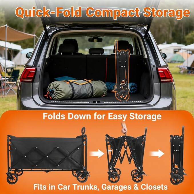 Wagons Carts Foldable, 500 lb 220L Collapsible Wagon with Brakes | Heavy folding wagon for groceries, camping, beach, outdoor hauling; large storage, brake control and compact folding design