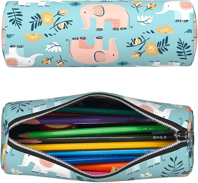 OSAM SPACE Leather Pencil Case Round Pencil Bag Elephants Flowers Leaves Pen Organizer Holder Portable Zipper Pouch Cute School Supplies for Girls Boys Study Office
