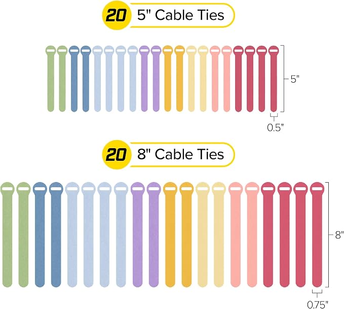 Self-Gripping Cable Ties by Wrap-It Storage - Assorted 40-Pack Macaron | Reusable Hook and Loop Cord Wraps for Home Office Desk Organization