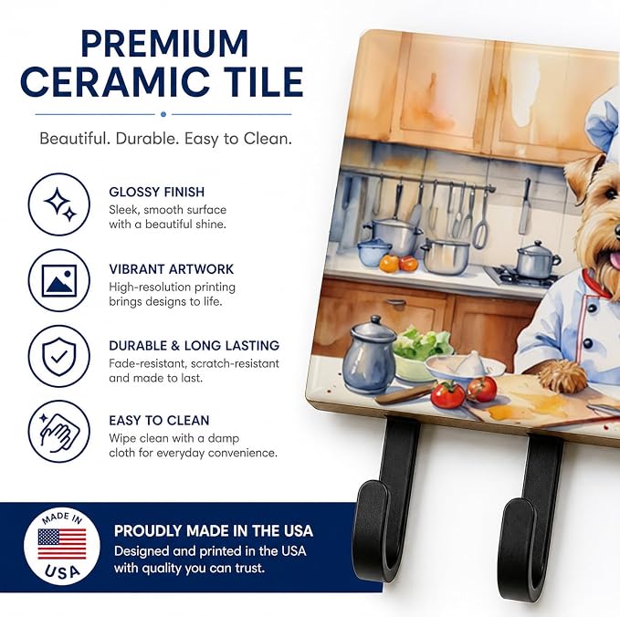 Caroline's Treasures Wheaten Terrier The Chef Leash or Key Holder Wall Hooks, Key Hooks Holder, Coat Rack Wall Mount, Coat Hooks, Hooks for Hanging Keys, Towels, Aprons, Leashes | Wheaten Terrier The Chef artwork on ceramic tile with three steel hooks ...