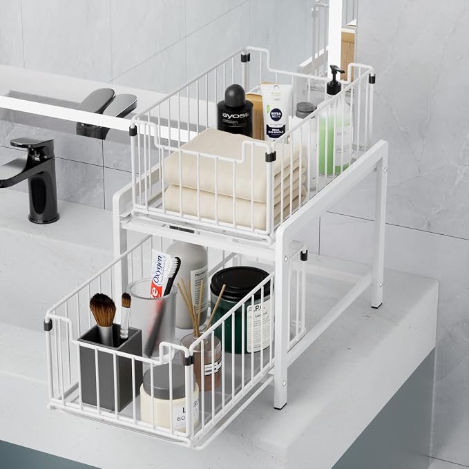 2-Tier Pull Out Cabinet Organizer, Slide Out Under Sink Organizer | Metal Cabinet Baskets with Mesh Sliding Drawer for Home, Office, Bathroom, Kitchen, Pantry Storage Shelf, Large White