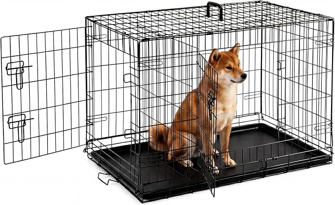 Medium Dog Crate 36 Inch Foldable Double Door Dog Cage Pet Kennel | Metal Wire, Secure Lock, Plastic Leak-Proof Pan Tray, Indoor Outdoor Training Pet