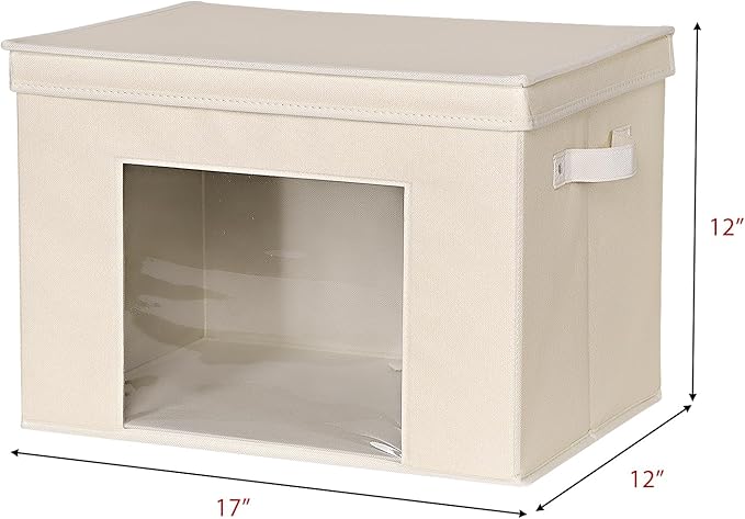 Univivi Fabric Storage Bins with Lids for Closet, 4 Pack, Beige | Fabric Foldable Storage Boxes, Sturdy Collapsible Storage Bins with Clear Window, Storage Bins for Home, Closet, Shelves