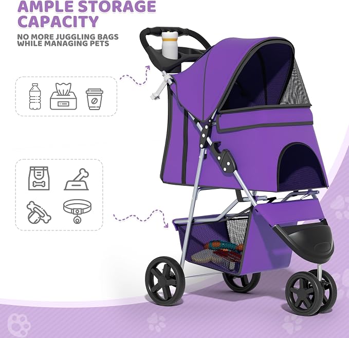 Magshion 3-Wheel Pet Stroller for Small/Medium Dogs & Cats, Up to 33lbs | Foldable Travel Jogger w/ Breathable Mesh Cover, Lightweight Design, Safety Tethers, Cup Holder & Storage Basket