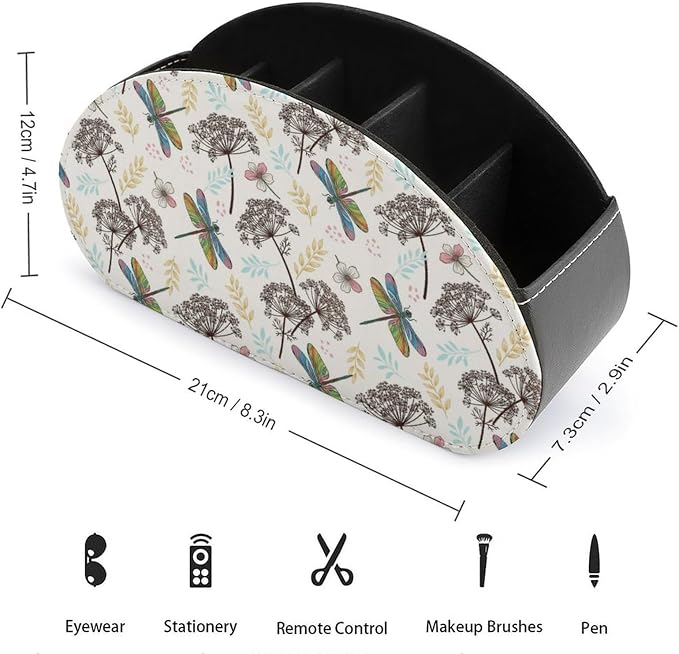 TV Remote Control Organizer Flowers Dragonfly Caddy Box with 5 Compartment | Botanical Flowers Dragonfly, PU Leather Desk Storage Bag Fits Controller, Makeup Brushes, Media Player, Office Supplies