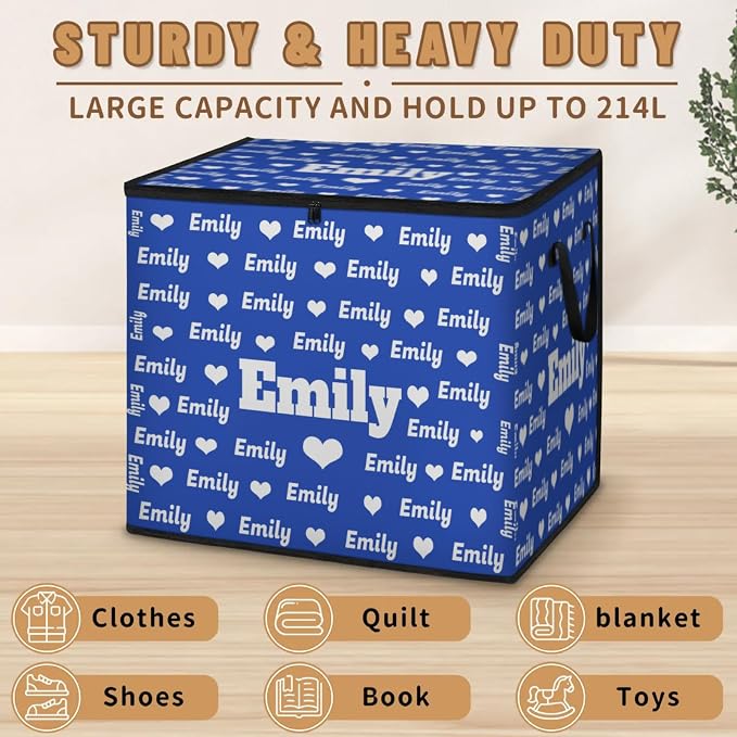 Personalized Extra Large Storage Basket with Lid, Comforters, Bedding Toys Navy Blue Love Heart Storage Bin with Handles for Home, Collapsible Basket for Clothes, Moving, Car Trunk