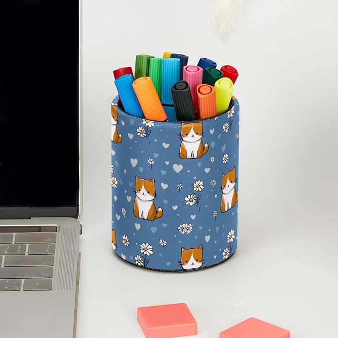 Faux Leather Pen Holder for Desk, Pencil Organizer Cute Cats Pen Cup Desk Decor Makeup Brush Holder Storage for Office Home