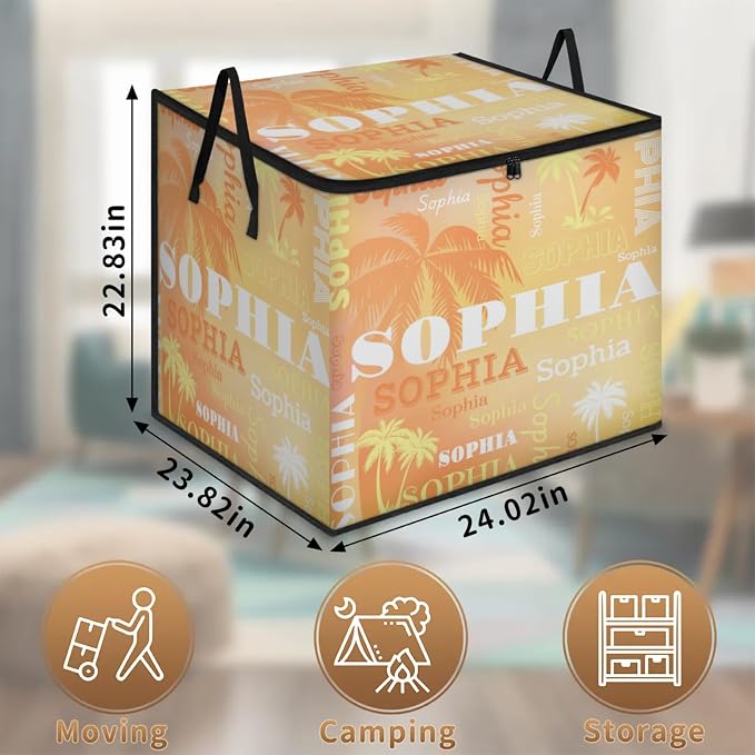 Custom Storage Baskets Cubes for Home with Name, Large Foldable Organizer Collapsible Storage Bins for Blanket Comforters Clothes Closet Nursery, Orange Yellow Tropical Palm Trees Painted Background