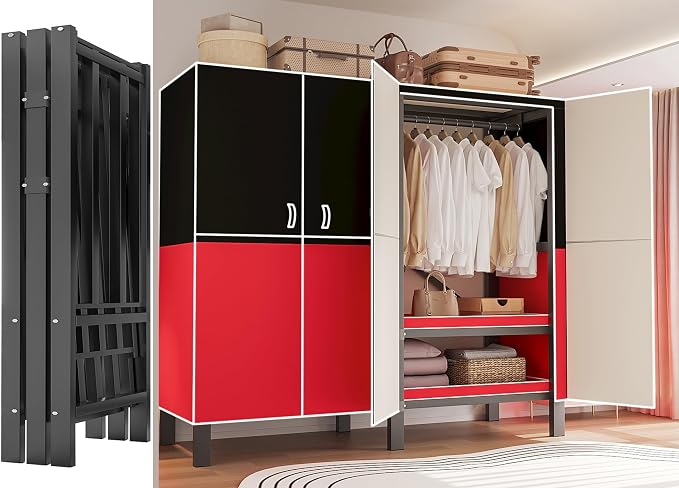 49.2in Heavy Duty Portable Closet with Cover, 1500lbs Foldable Covered Metal Clothing Wardrobe Closet System, Heavy Duty Garment Rack for Hanging Clothes, for Bedroom, Apartment, Rental Property,Red