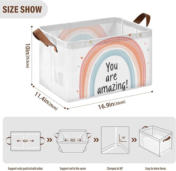 You Are Amazing Quoted Rainbow Positive Baby Storage Basket with Labels&Handles Rectangular Nursery Storage Bins Collapsible Shelf Organizer Baskets for Kids Books Cloth Gift Basket Toys Laundry, 2 PC