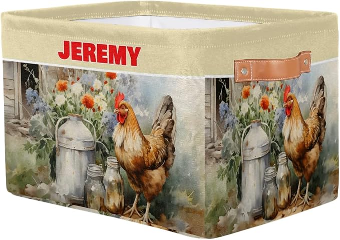 Custom Storage Baskets for Kids with Name, Large Foldable Organizer Collapsible Storage Bin with Leather Handle for Home Toys Closet Nursery, Farmhouse Hen Countryside