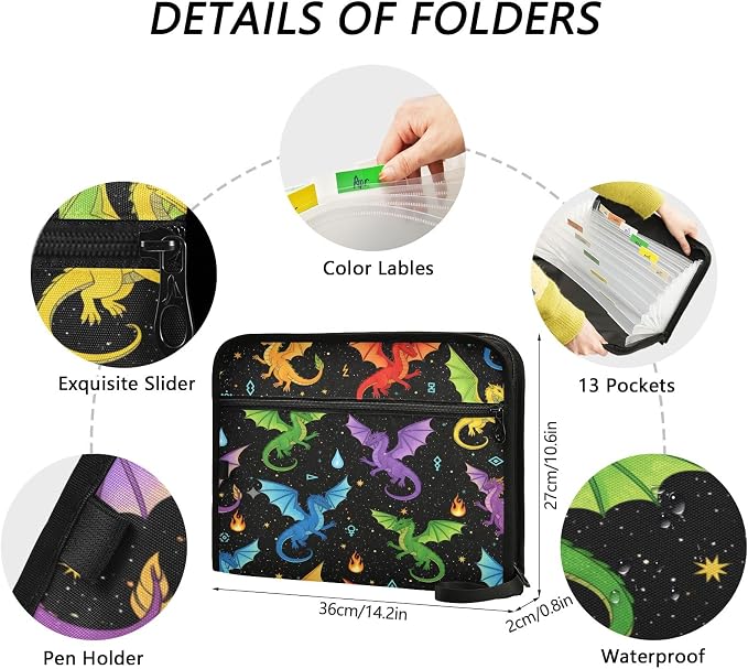 Colorful Dragon 13 Pocket File Organizer Expanding File Folder with Front Pouch Portable Business File Storage Document Organizer Folder with Zipper