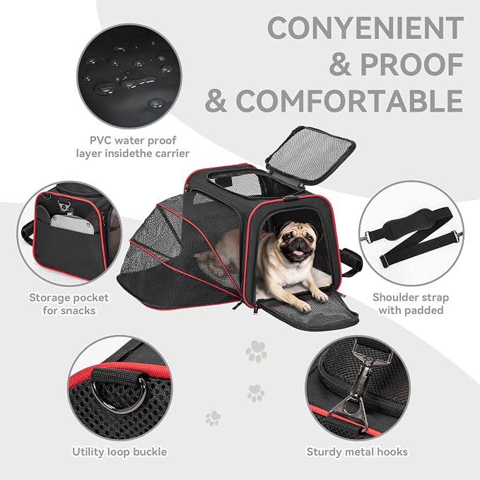 Petsfit Large Expandable Cat Carrier for Travel, Up to 18 lb | 19 x 12 x 12 in; roomy expandable space with a reinforced frame, locking zippers, interior safety tether and large pocket.