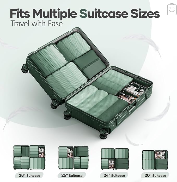 Veken 9/11 Set Compression Packing Cubes Garment Bags for Travel Essentials,Compressible Expandable Luggage Organizer Bags for Clothing,Space Saver Bags with Over 1000 pcs of Mesh Holes(Dark Green)