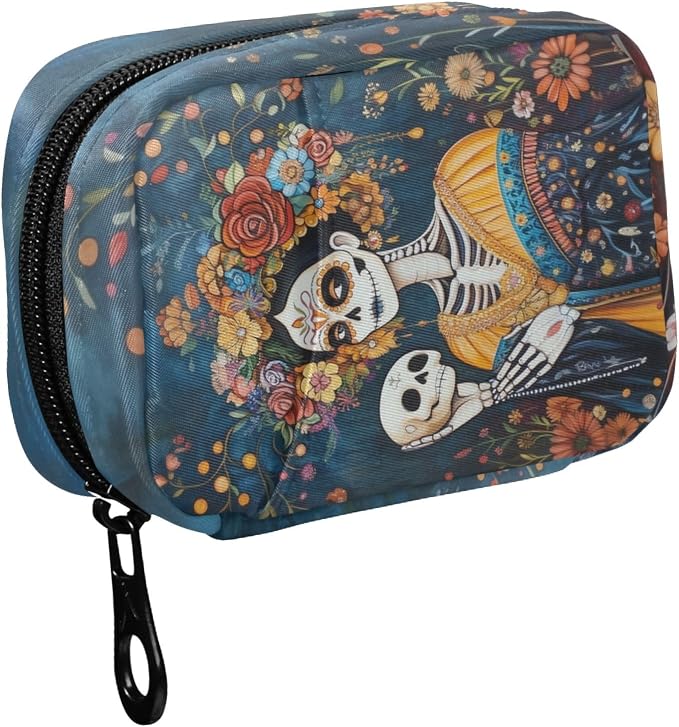 Fustylead Painting of Calavera Woman with Flower Pill Organizer Travel Bag, Small Portable Pill Case Cute for Vitamin Fish Oil Supplements Medicine Organizer with Zipper