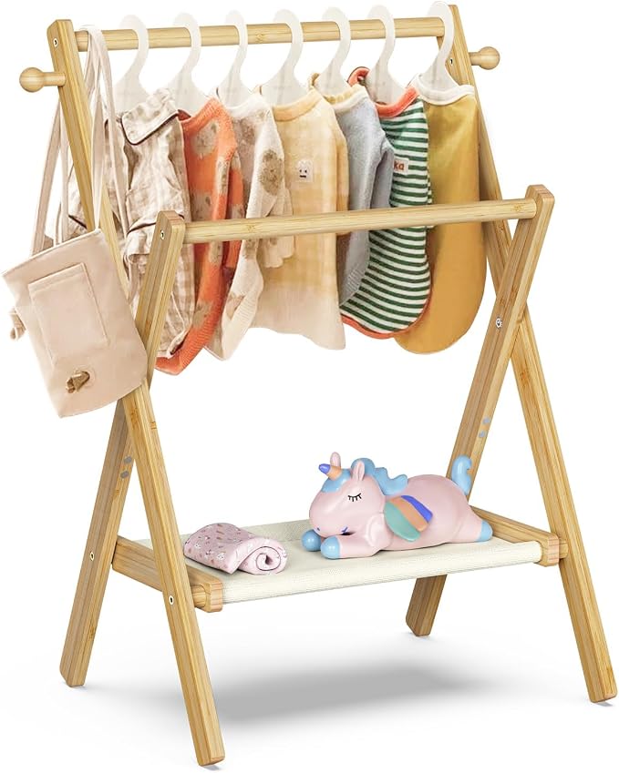 BAMBOOHOMIE Baby Clothing Rack for Baby Shower Pets Dolls, Baby Clothes Rack with Storage Shelf & Double Rods, Toddler Clothes Rack, Mini Closet Baby Shower Rack (Natural)