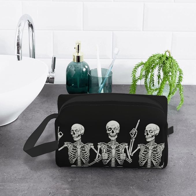 Spooky Halloween Skeleton Makeup Bag - Durable 600D Oxford Fabric Travel Cosmetic Bag, Shockproof Foam Padded Toiletry Organizer for Gym & Daily Use 10x6.2x4.9 Inch