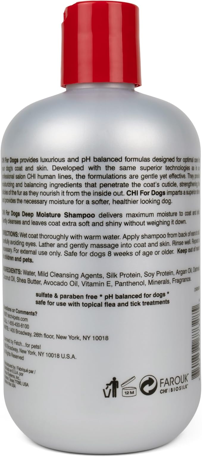 CHI for Dogs Deep Moisture Shampoo, pH Balanced Hydrating Dog Shampoo for Dry Skin, Sulfate and Paraben Free, Ionic Technology for Soft Shiny Coat, Dogs and Puppies 8 Weeks+, Made in the USA, 16 Fl Oz