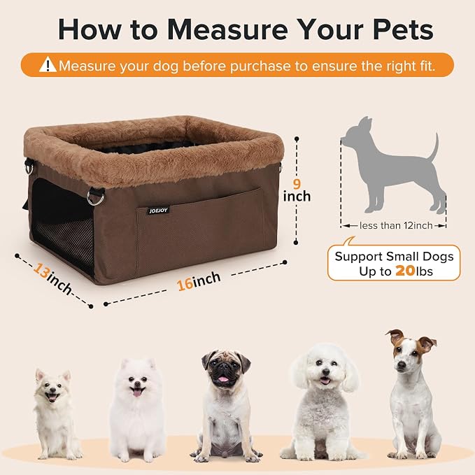 JOEJOY Deluxe Dog Booster Seat with Sturdy Metal Frame and Safety Leash for Small Pets up to 20 lbs - Portable Puppy Dog Car Seat with Thick Cushion and Storage Pockets for Small Dogs, Brown
