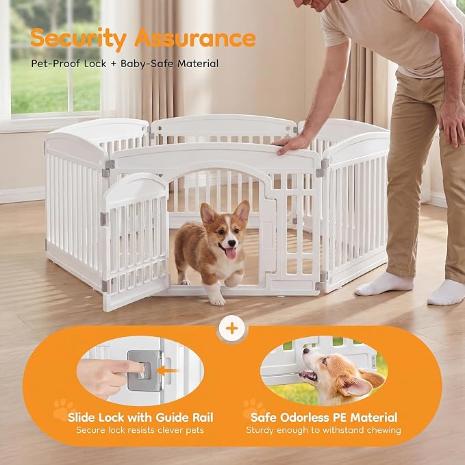 NEWBULIG Dog Playpen 6-Panel, 24IN Puppy Playpen, Stable Dog Play Pen Indoors/Outdoor with Secure Locking Door, Plastic Pet Fence for Small & Medium Dogs | Portable, Secure Locking Door, Indoor Outdoor Yard RV Camping, Small Medium Dogs, White